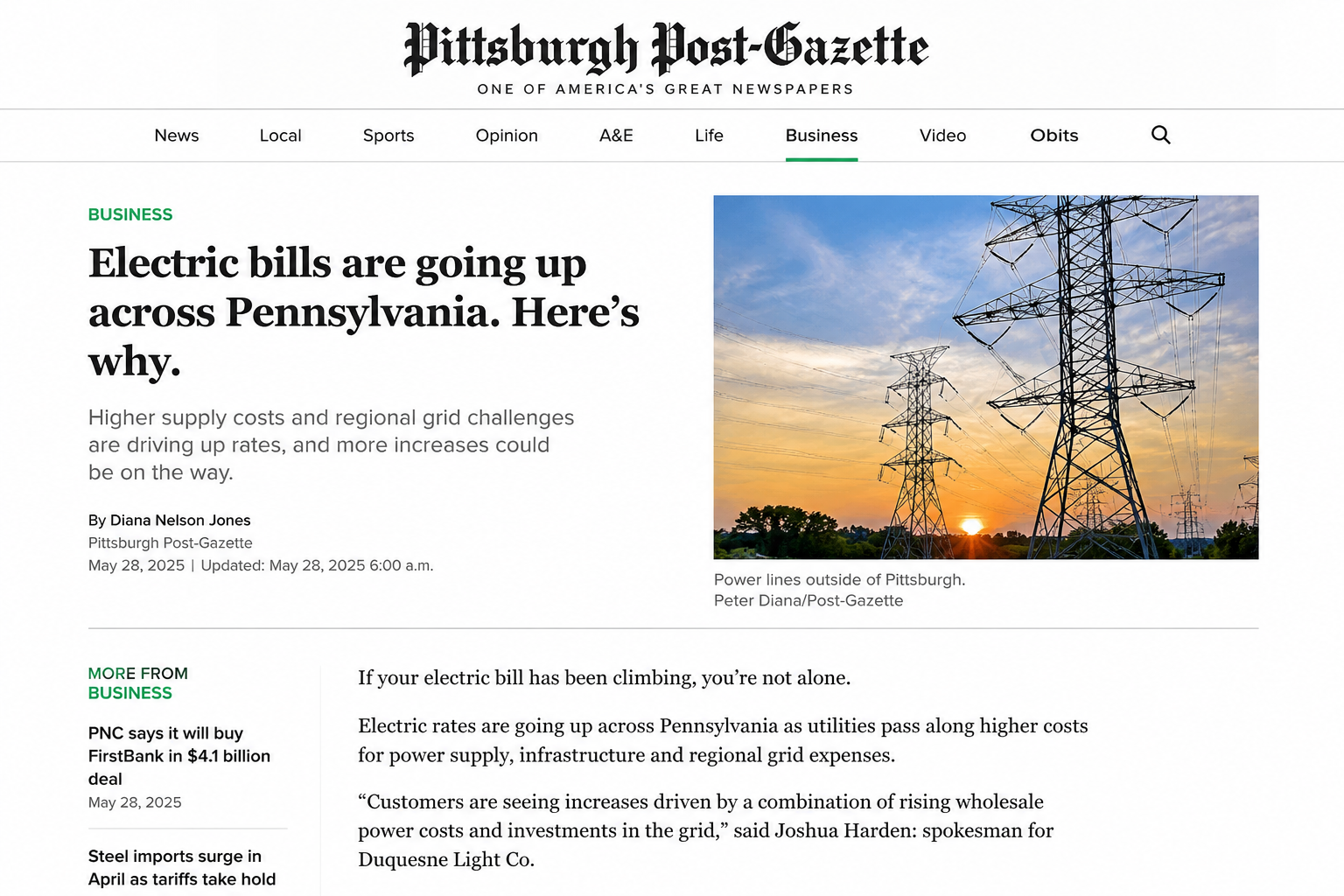 Pittsburgh Post-Gazette headline: Electric bills are going up across Pennsylvania